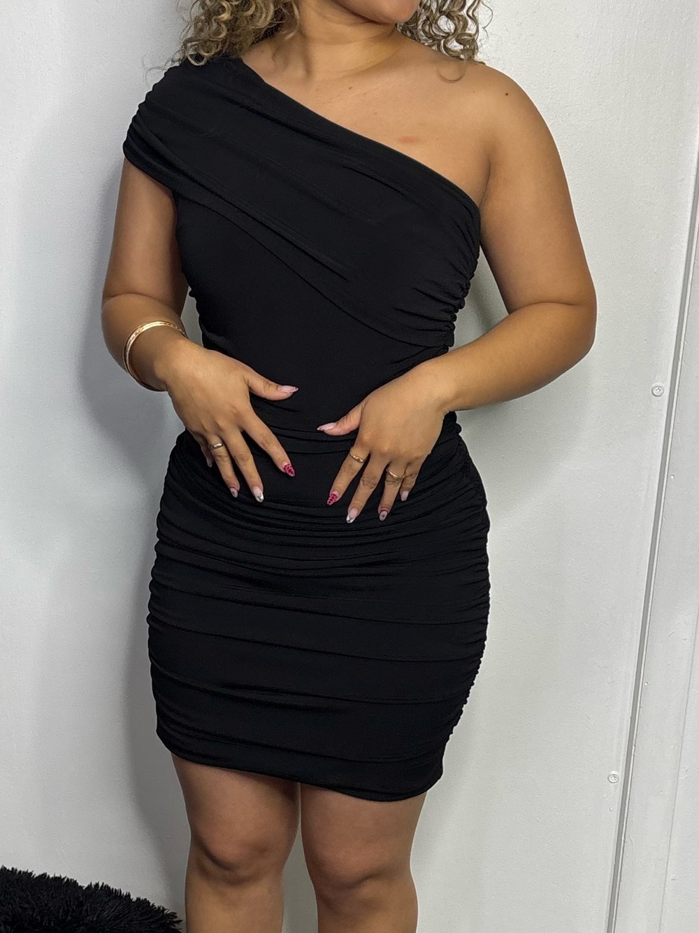 Sweet Storm One-Shoulder Black Ruched Bodycon Mini Dress